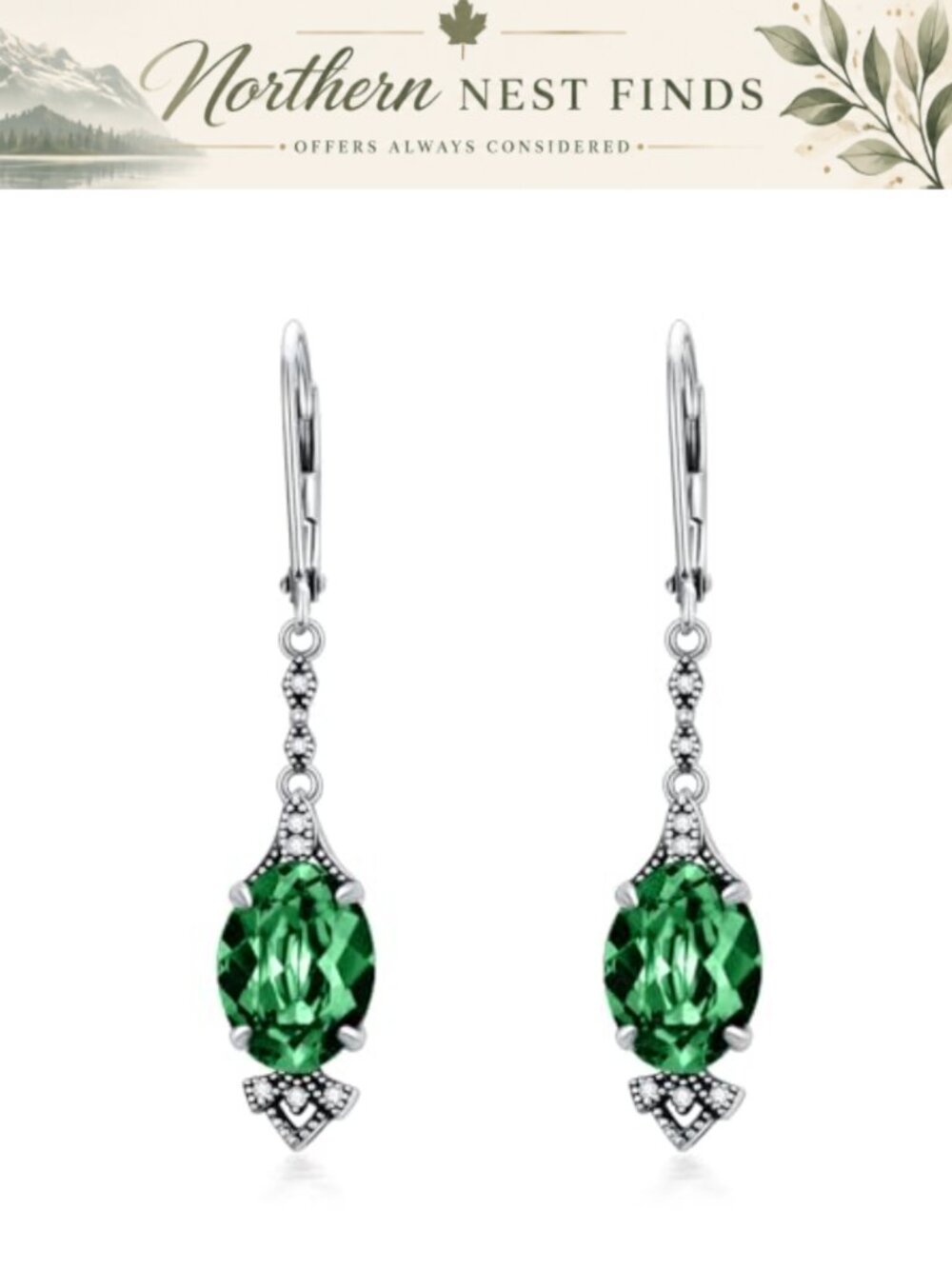 Vintage 925 Sterling Silver Leverback Dangle Drop Earrings with 9mm Oval